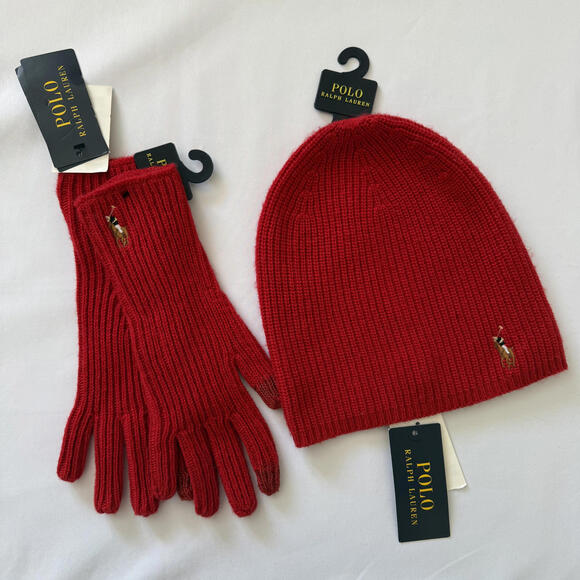 Ralph Lauren Accessories - POLO RALPH LAUREN Red Knit Hat + Gloves Set, ONE SIZE, Smartphone Fingertips